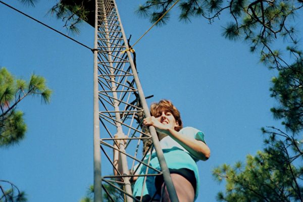 Judy Kern climbs a tower blind in Everglades National Park